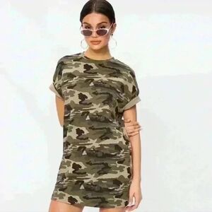 Superdown Revolve Camo Army Print Short Sleeve Shirt Dress Sz Medium
